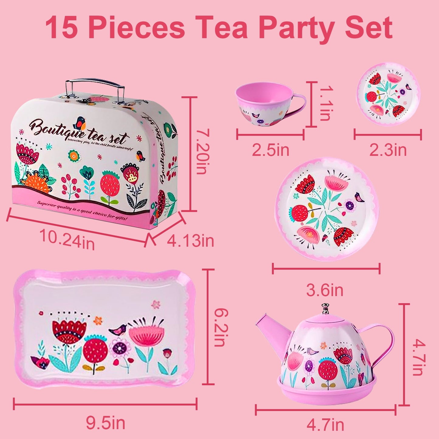 Tea Party Set for Girl, Tea Set for Little Girls, Kids Tea Sets Toys with Carry Case, Teapot, Cup, Mini Role Play Princess Tea Time Pretend Playset Gift for Toddlers Age 3+
