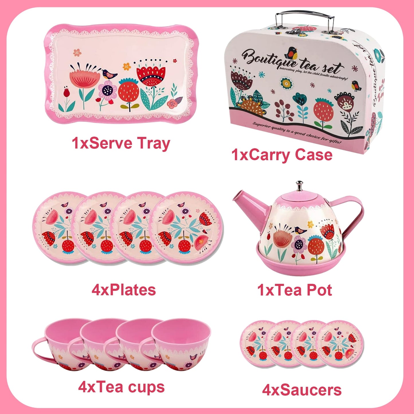 Tea Party Set for Girl, Tea Set for Little Girls, Kids Tea Sets Toys with Carry Case, Teapot, Cup, Mini Role Play Princess Tea Time Pretend Playset Gift for Toddlers Age 3+