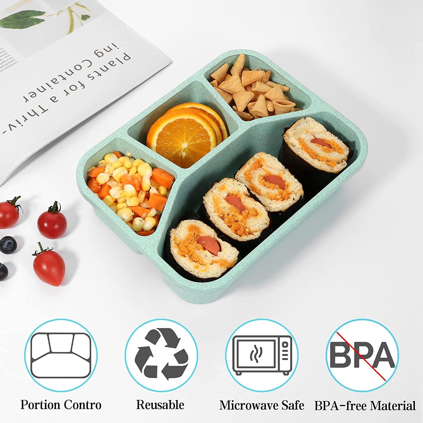 Bento Lunch Boxes, 4-Pack 4 Compartment Wheat Straw Meal Prep Food Storage Containers Plastic,Microwave Dishwasher Safe