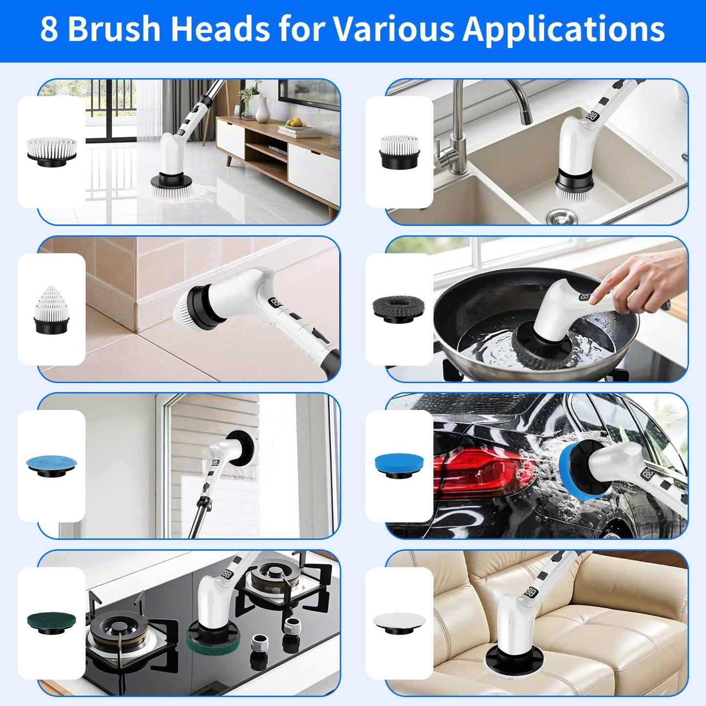 Lightweight Electric Spin Scrubber, Adjustable Handle, 3 Speed Mode Power Electric Scrubber for Cleaning, Cordless Shower Cleaning Brush with 8 Brush Heads for Bathroom, Tub, Floor, Tile (White)