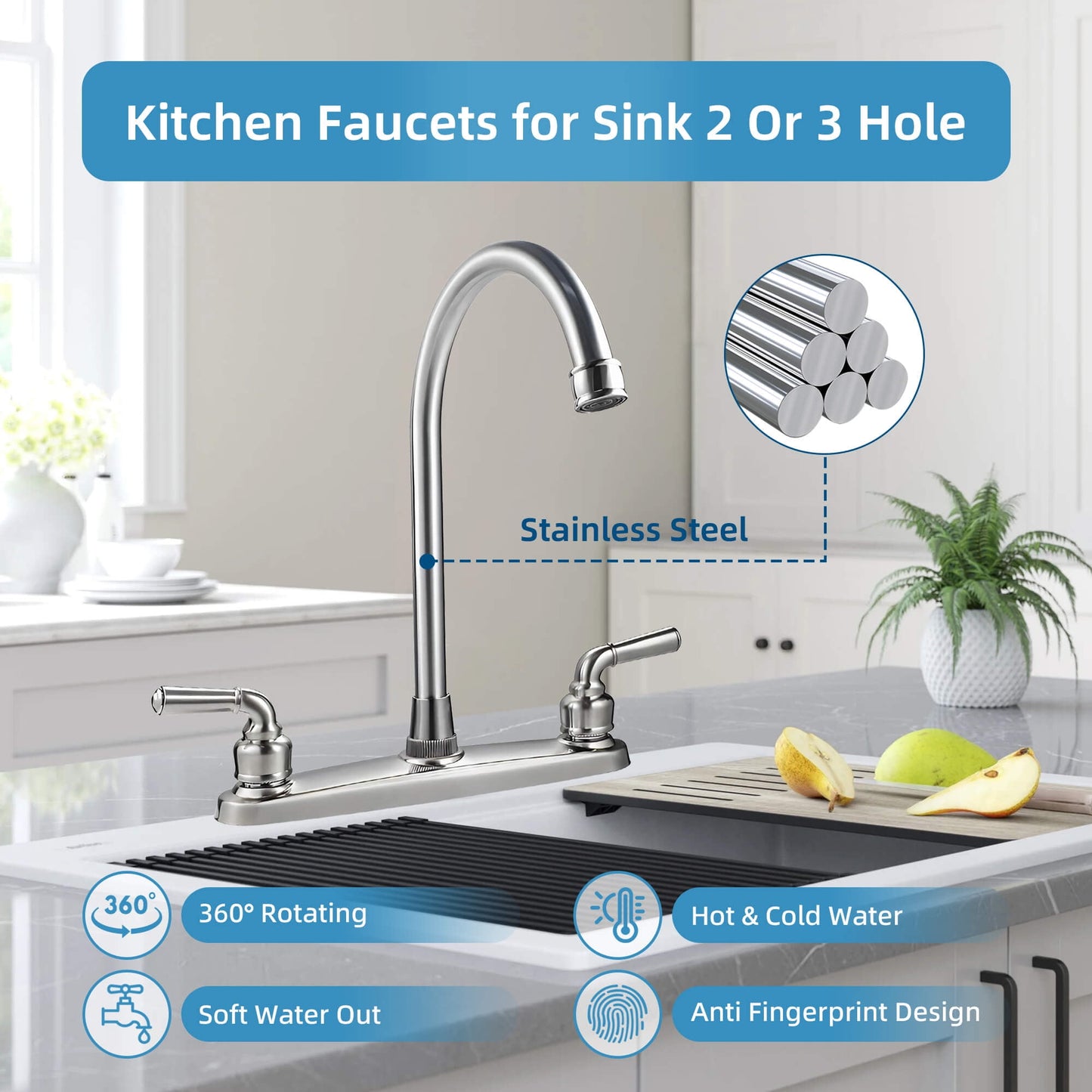 Fixdono 2 Handle Kitchen Sink Faucet, High Arc 360 Swivel Stainless Steel Pipe 3 Hole Kitchen Faucet for RV Laundry Farmhouse Bar Sink, Silver