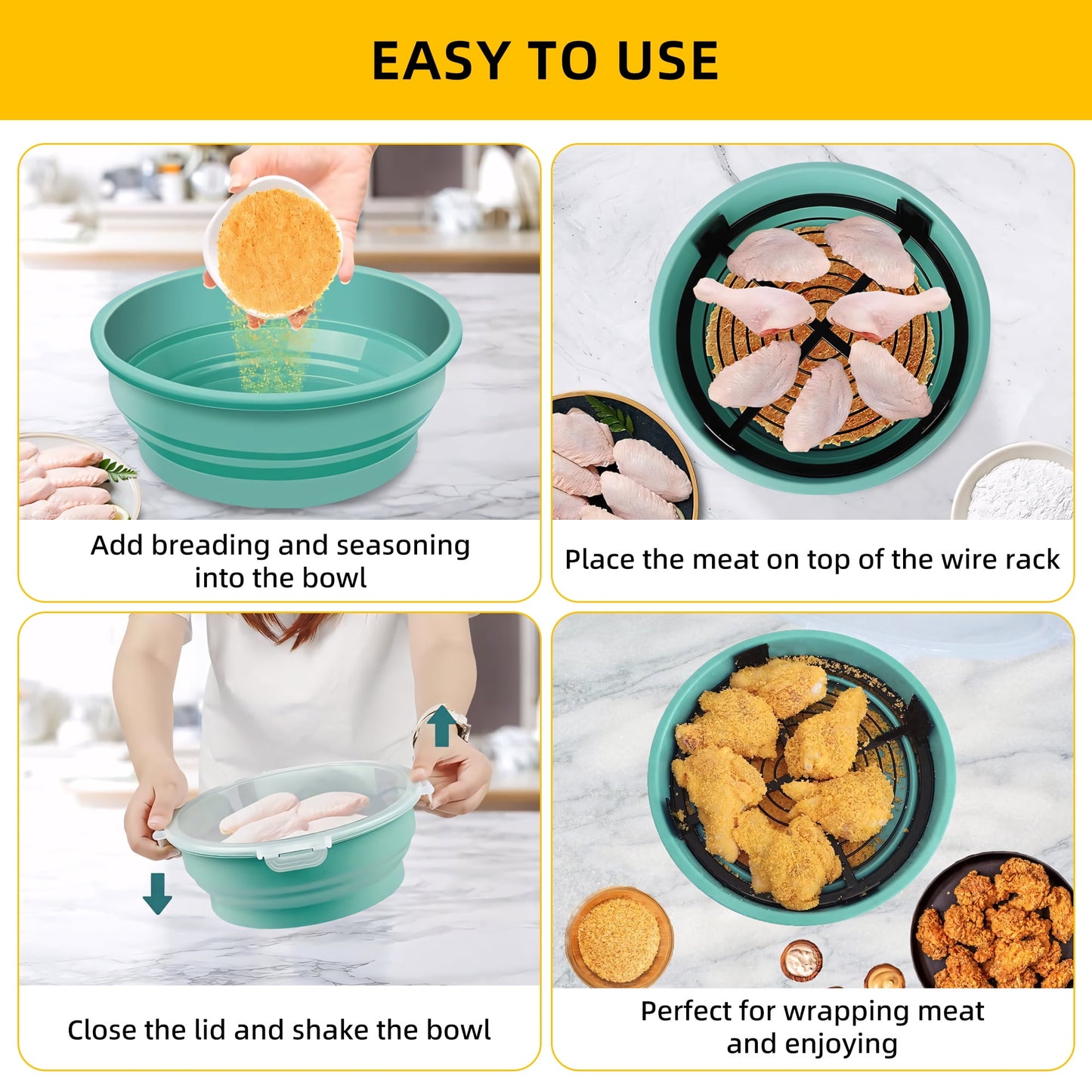 1 Pcs Collapsible Batter Bowl, Mess Free Breading Shaker, Silicone Mixing Bowls with Lids, Green