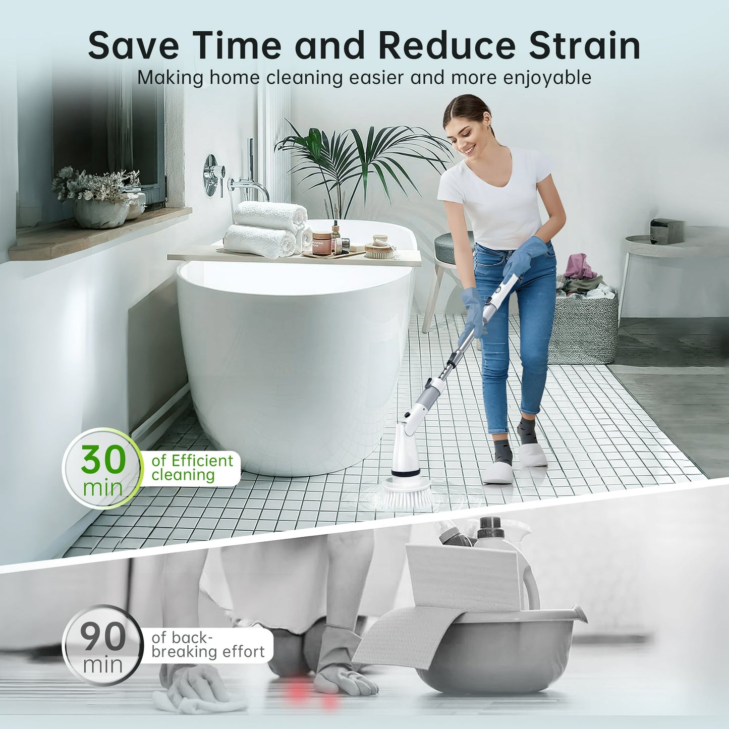 Electric Spin Scrubber, Cordless Power Brush Floor Scrubber with Adjustable Extension Arm and 4 Replaceable Bathroom Cleaning Brush Heads, Ideal for Tub, Tile, and Floor Cleaning