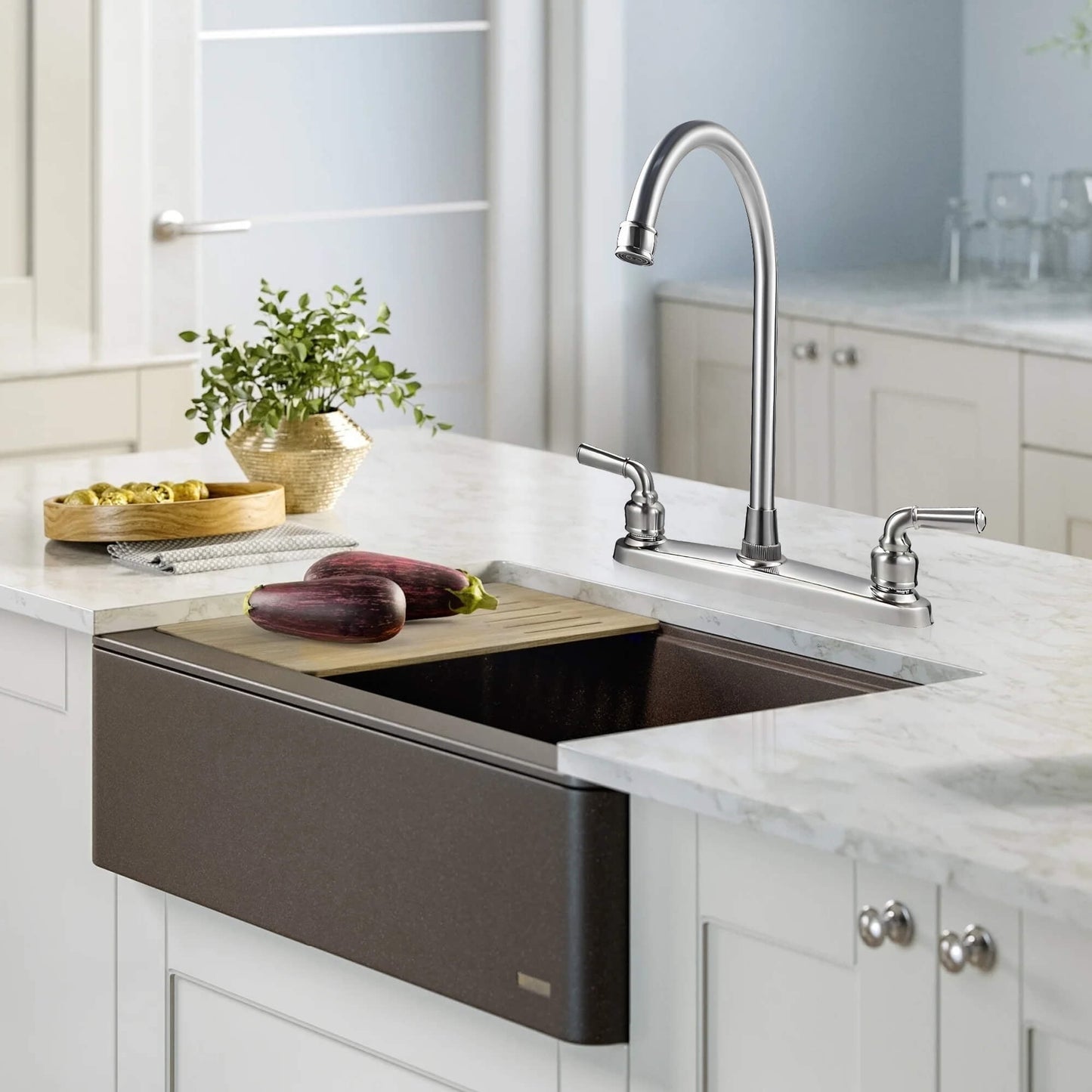 Fixdono 2 Handle Kitchen Sink Faucet, High Arc 360 Swivel Stainless Steel Pipe 3 Hole Kitchen Faucet for RV Laundry Farmhouse Bar Sink, Silver