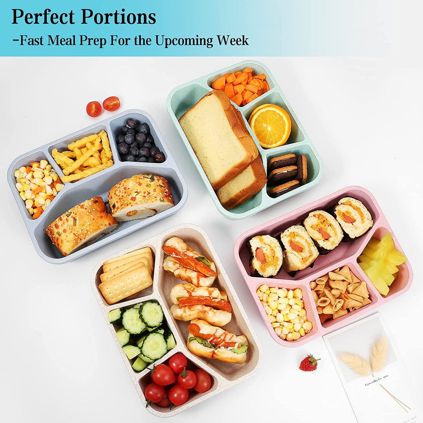 Bento Lunch Boxes, 4-Pack 4 Compartment Wheat Straw Meal Prep Food Storage Containers Plastic,Microwave Dishwasher Safe