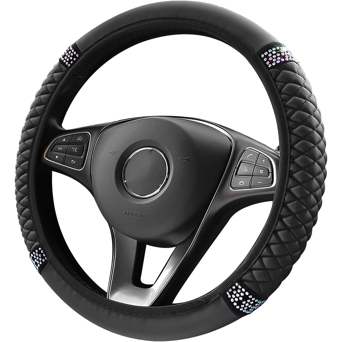 Fixdono Leather Car Steering Wheel Cover with Anti-Slip Lining, Universal 15 inch, Black