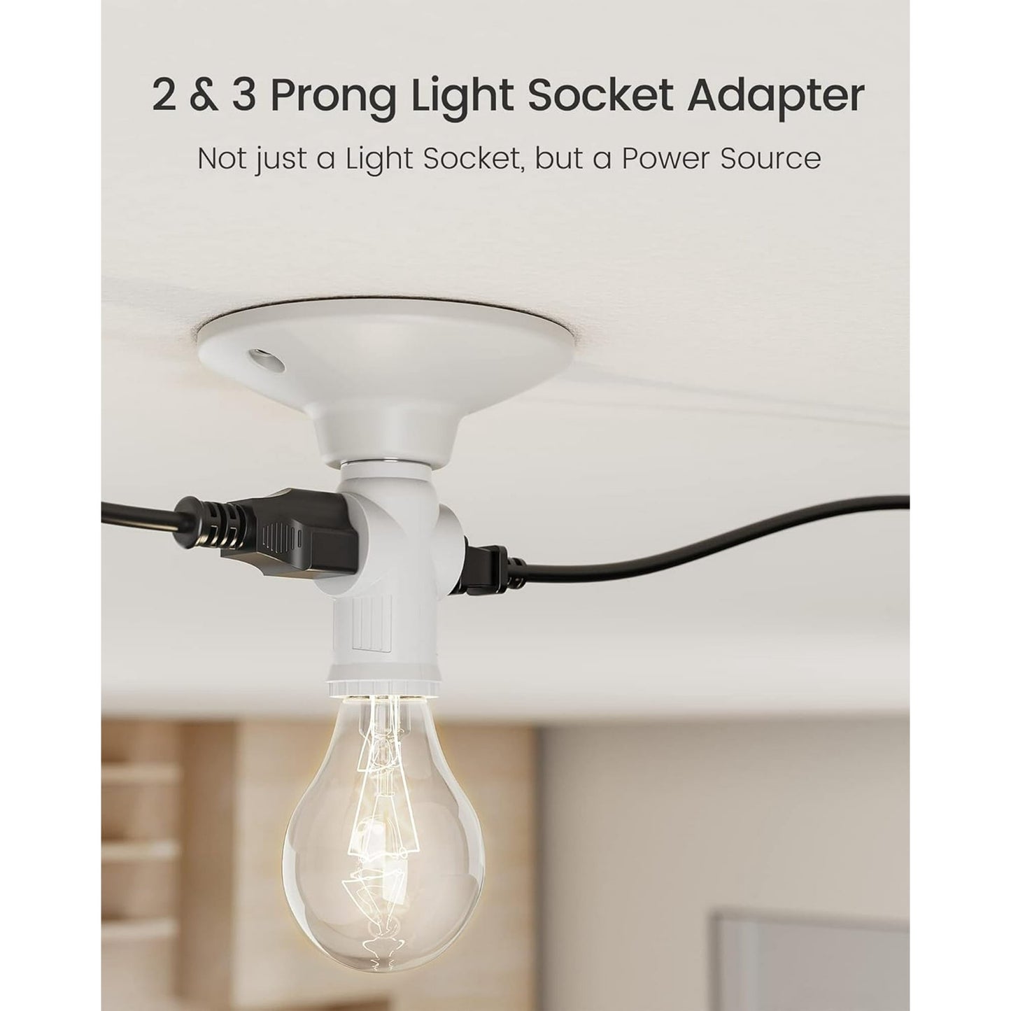 Fixdono 3 Prong E26 Light Socket to Plug Adapter, Heat Resistant Light Socket 2/3 Prong Outlet Light Bulb Plug Splitter Converter for Garage Porch, 2 Pack