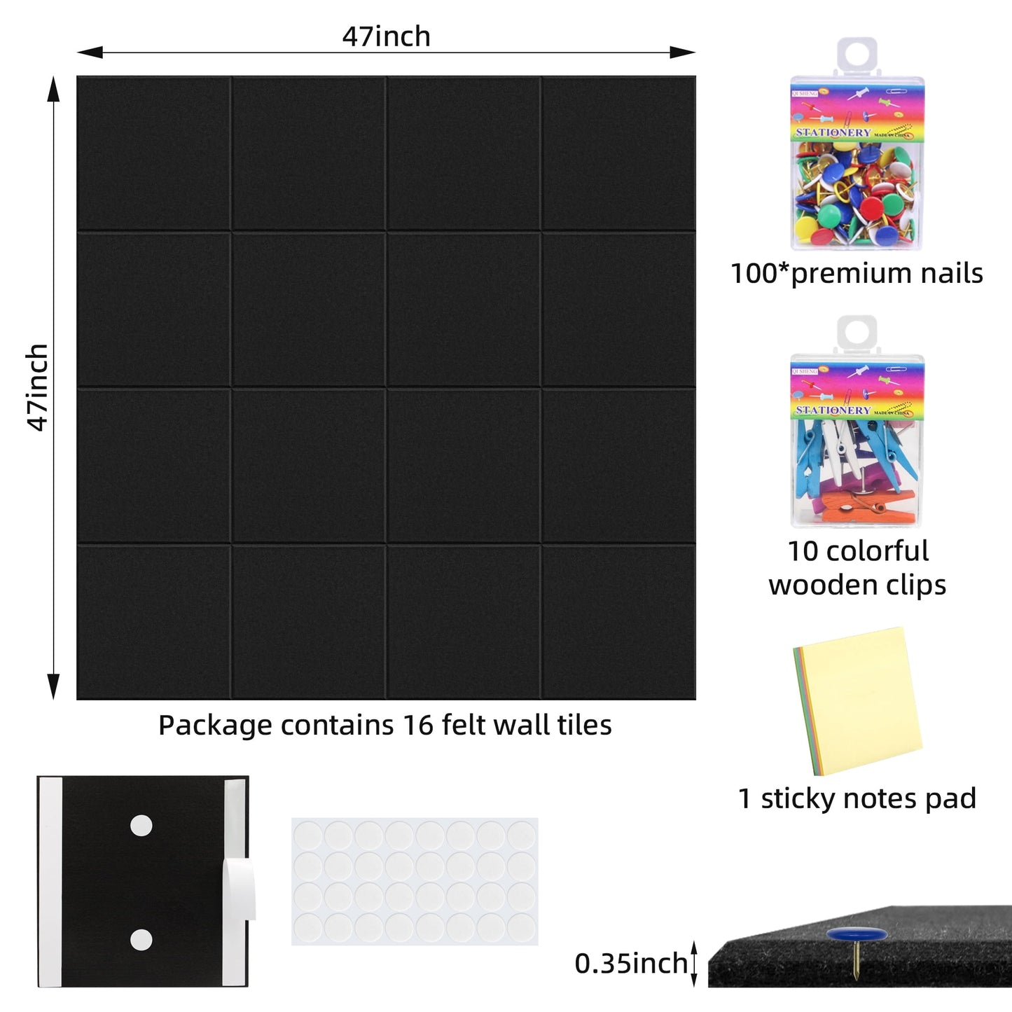 Reichtum Felt Tile Bulletin Board, 16 Pack Felt Wall Tiles with 100 Push Pins,10 Push Pin Clips, Sticky Notes, Large Alternative Cork Board for Walls Home Office, 47 X 47 inches