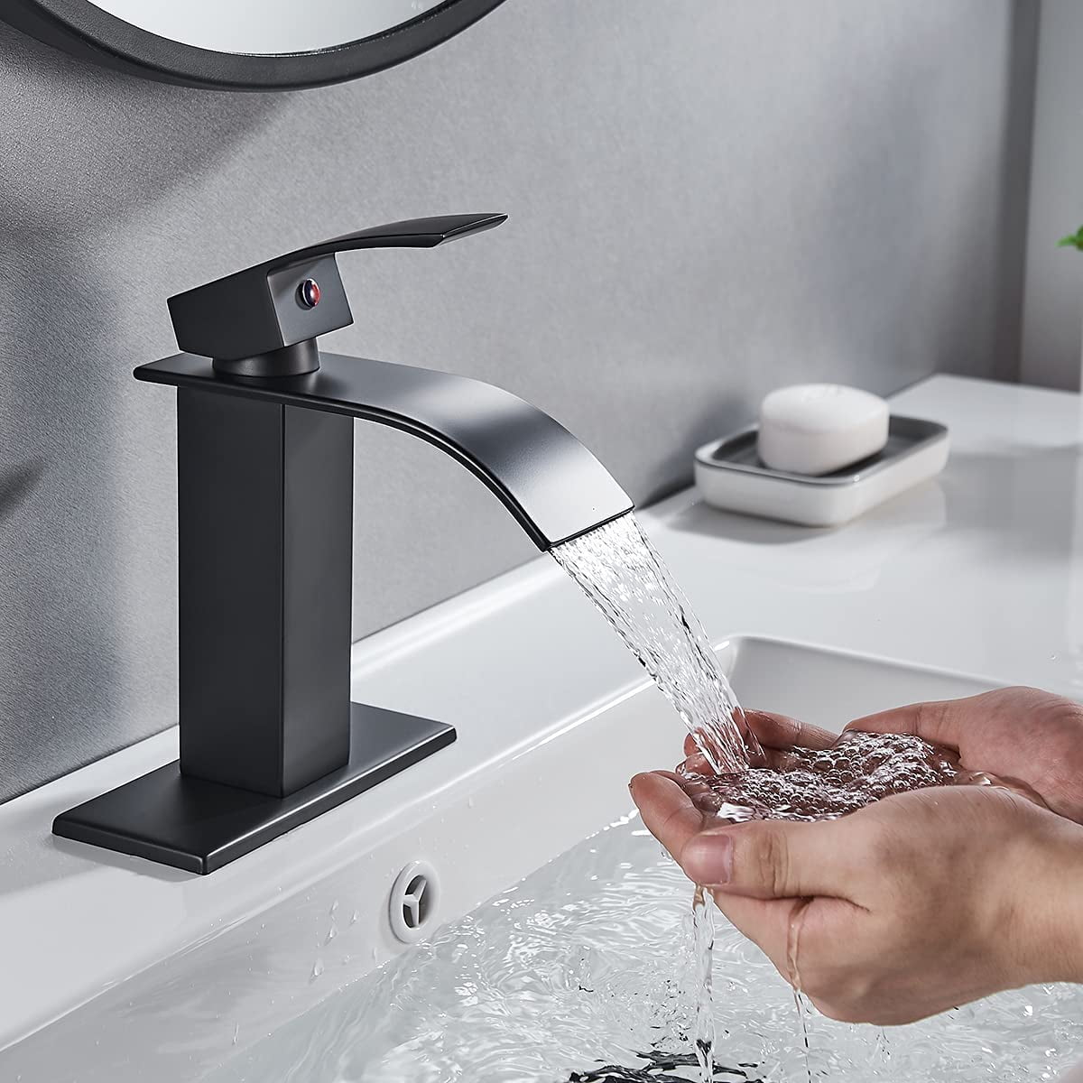 1 Pcs Matte Black Elegance: Waterfall Spout Bathroom Faucet for Refined Spaces