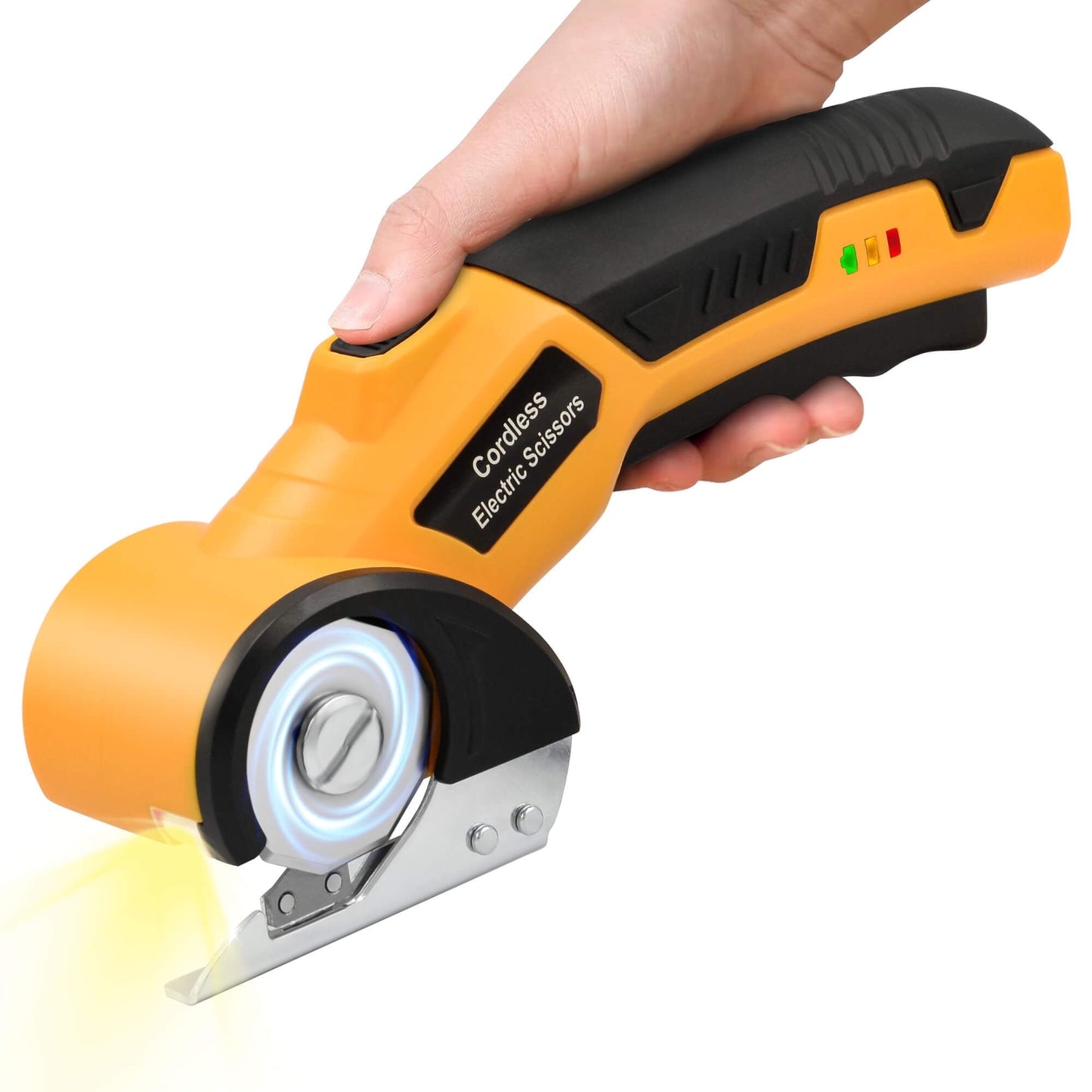 Tidymend Cordless Electric Scissors, 4V Rechargeable Cardboard Cutter with LED Light & Replacement Blade, Rotary Cutter with Safety Lock for Fabric Carpet Leather Plastic Cutting (Yellow)