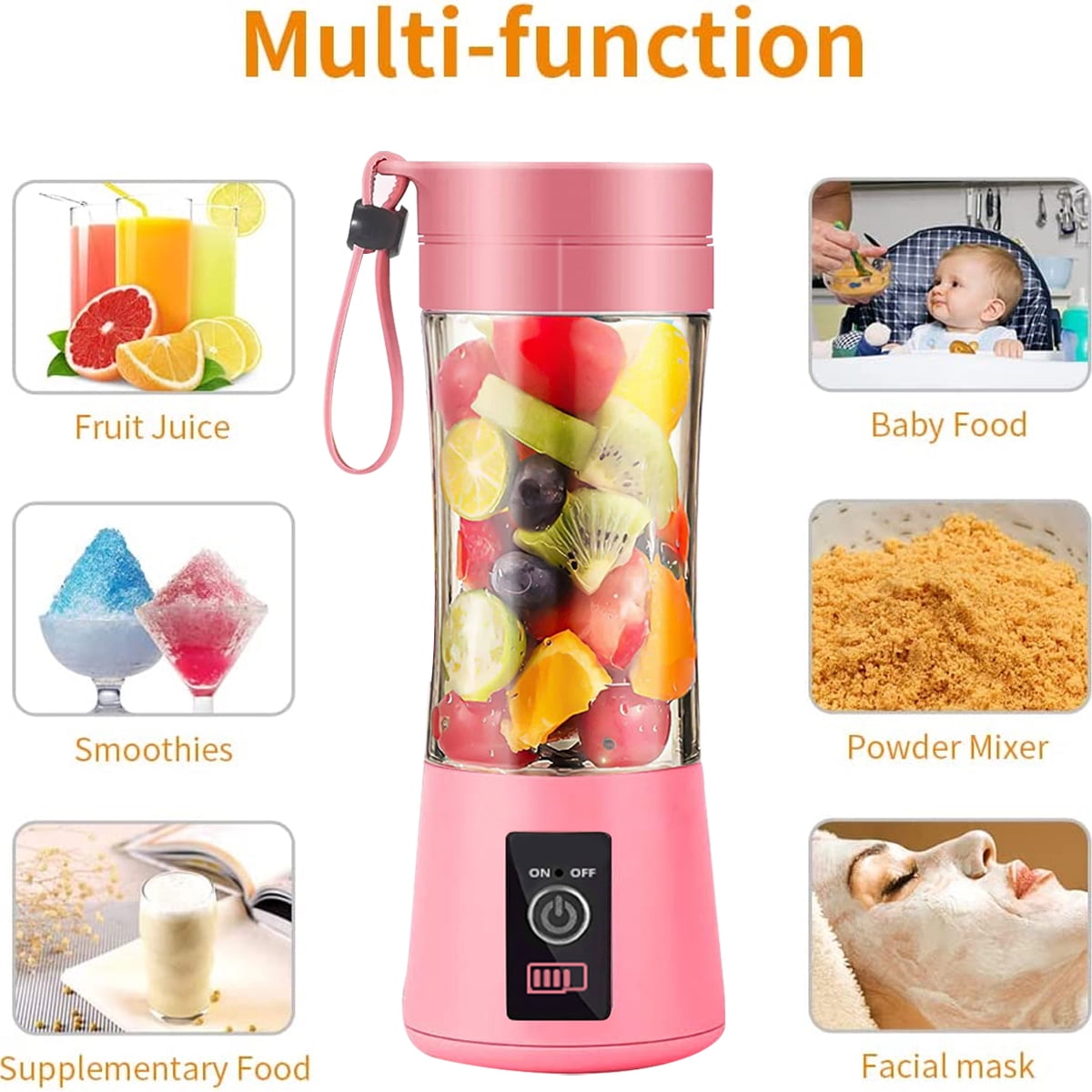 1 Pcs Portable Blender Travel Juicer Smoothie Juicer Cup - four Blades in 3D, Fruit Mixing Machine with 2000mAh USB Rechargeable Batteries