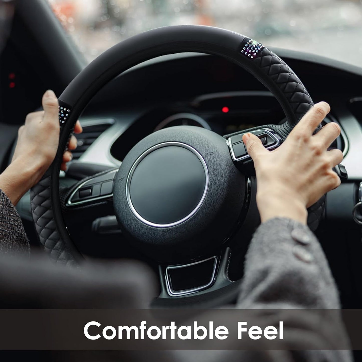 Fixdono Leather Car Steering Wheel Cover with Anti-Slip Lining, Universal 15 inch, Black