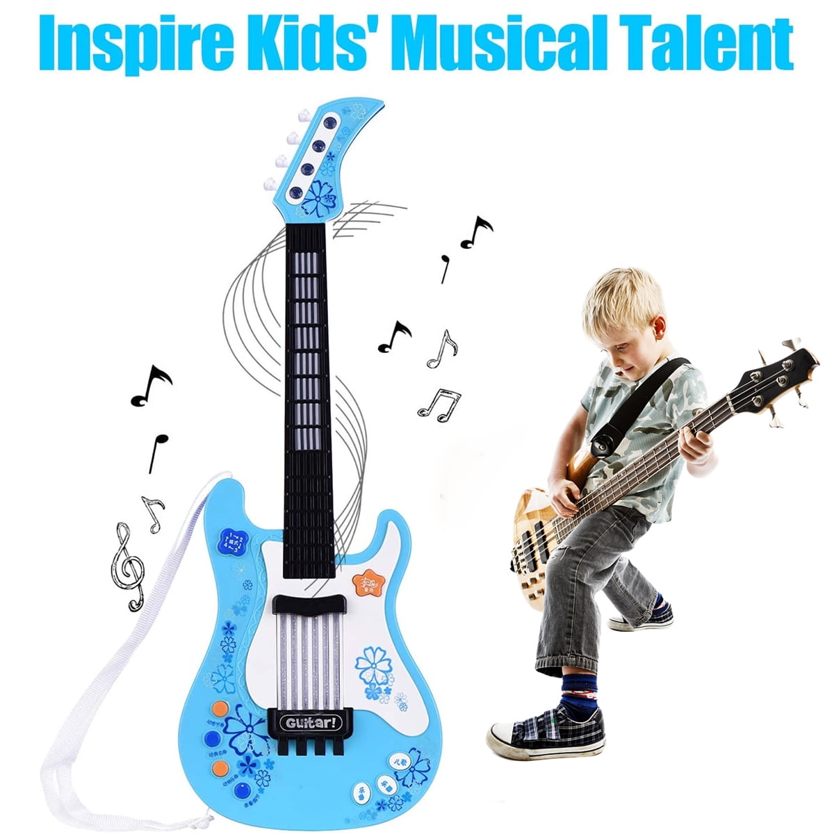 Kids Guitar for Children, Music Toys Guitar for Kids Toddler Electric Guitar with Strap, Kids Blue Guitar Musical Instrument Toys