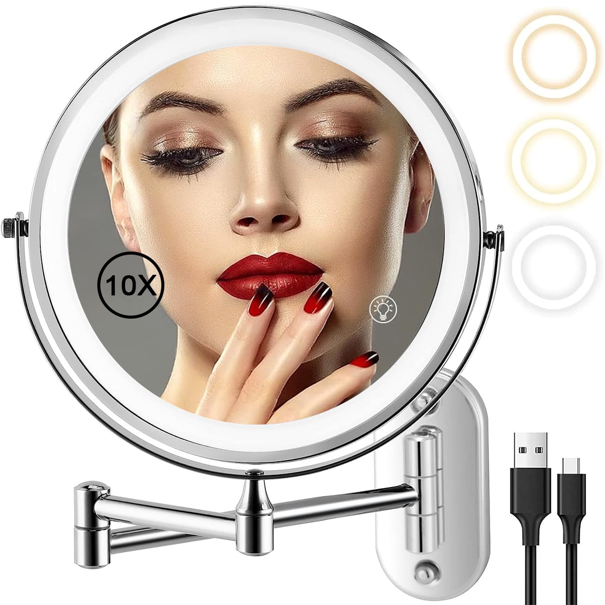 1 Pcs Rechargeable Wall Mounted Makeup Mirror, 8'' LED Vanity Mirror, Double-Sided 1X/10X Magnification, 3 Color Lights, Touch Screen Dimming, 360~ Swivel, Extendable, Perfect for Bathroom Vanity