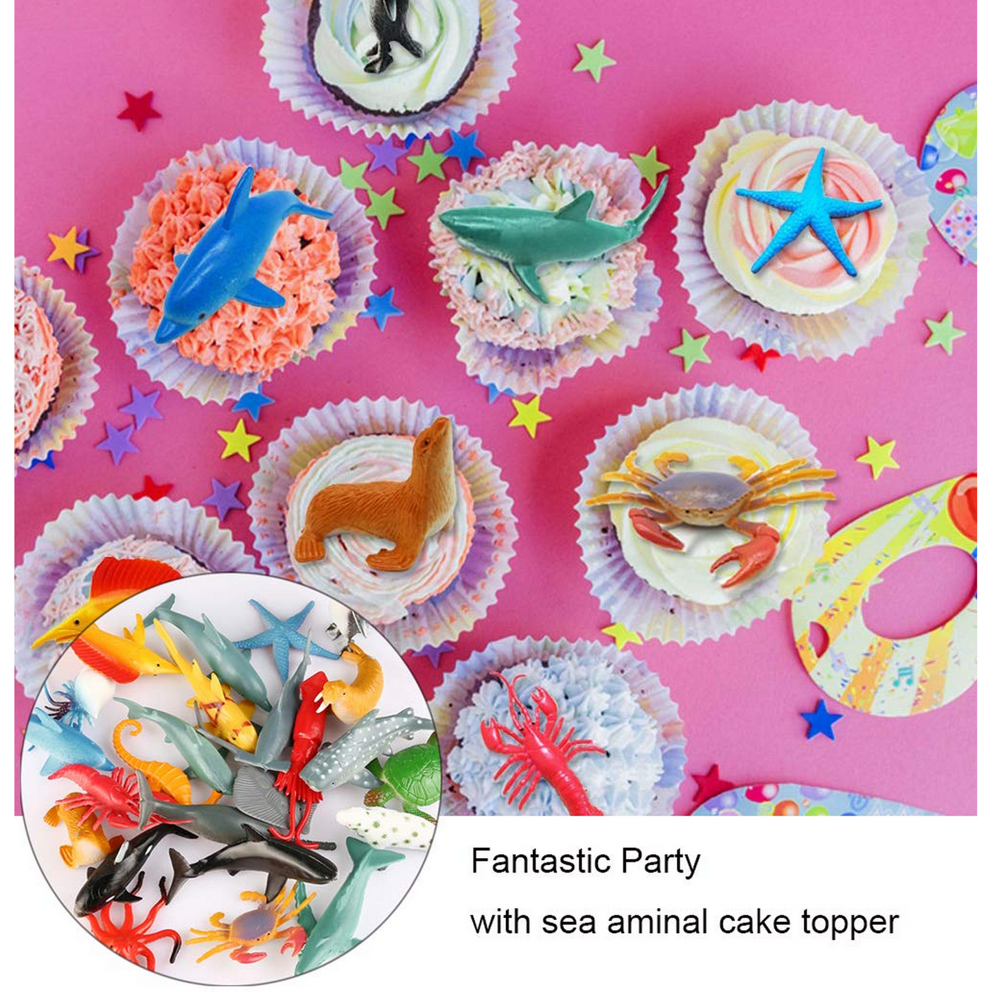 24 Pack Plastic Sea Ocean Animals Figure Sea Creatures Model Toys Set, Baby Bath Toys, Birthday Toys for Kids with Turtle Octopus Shark