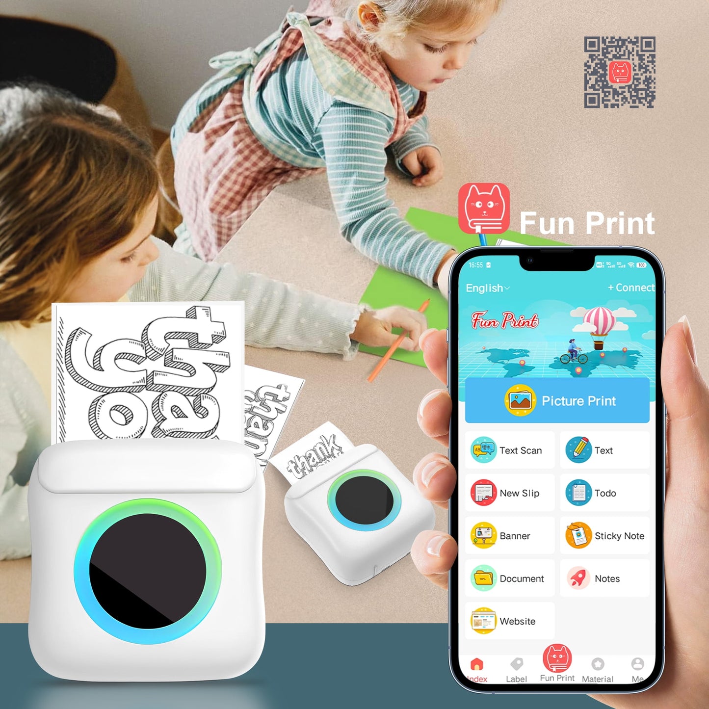 Mini Sticker Printer, Bluetooth Smart Pocket Inkless Thermal Printer with 20 Rolls Paper and Sticker