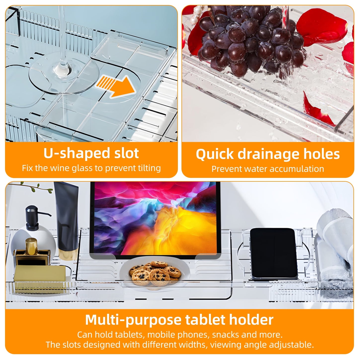 Bathtub Caddy Tray, Adjustable Bath Tray for Tub, Clear Tub Caddy Tray with Tablet PC Holder & Wine Glass Holder, Tub Caddy for Bathroom Luxury Spa, Fits Most Tubs