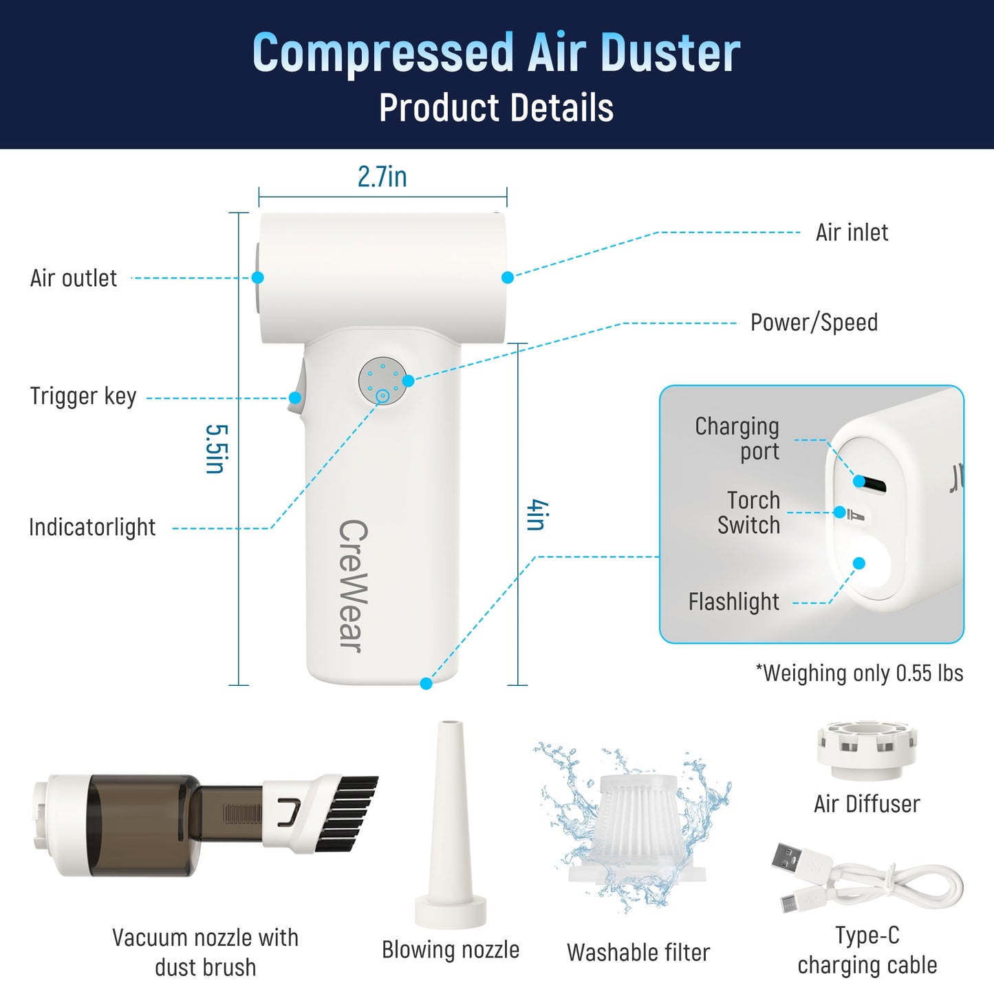 CreWear Compressed Air Duster 11000RPM Electric Cordless Air Duster Computer Keyboard Dust Cleaner for Electronics