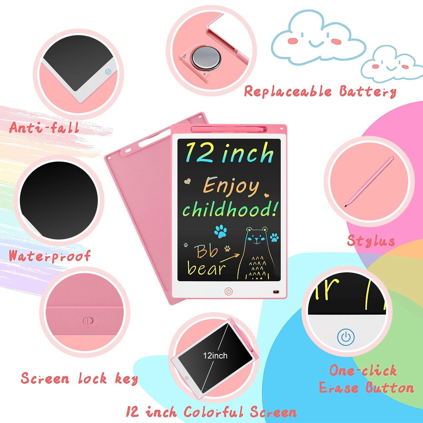 2 Pack LCD Writing Tablet, 12 Inch Colorful Doodle Board Drawing Tablet, Drawing Pad Learning Gift Creative Toy for 2-10 Year Old Girls Boys Toddlers