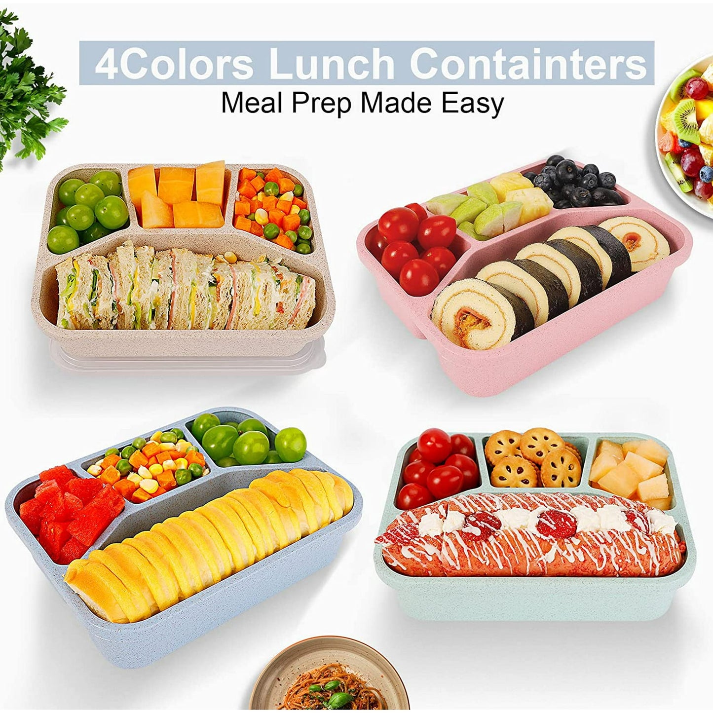 Bento Lunch Boxes, 4-Pack 4 Compartment Wheat Straw Meal Prep Food Storage Containers Plastic,Microwave Dishwasher Safe