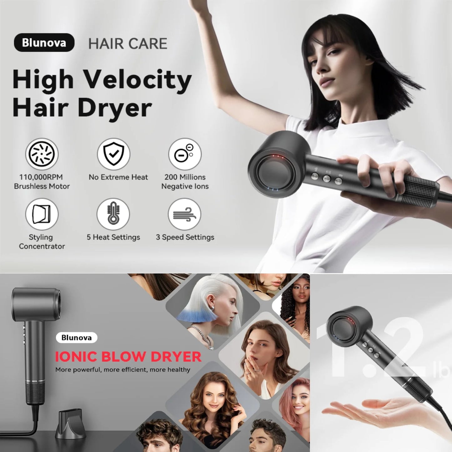 Tidymend Professional High Speed Ionic Hair Dryer with Magnetic Nozzle, Fast Drying, Low Noise