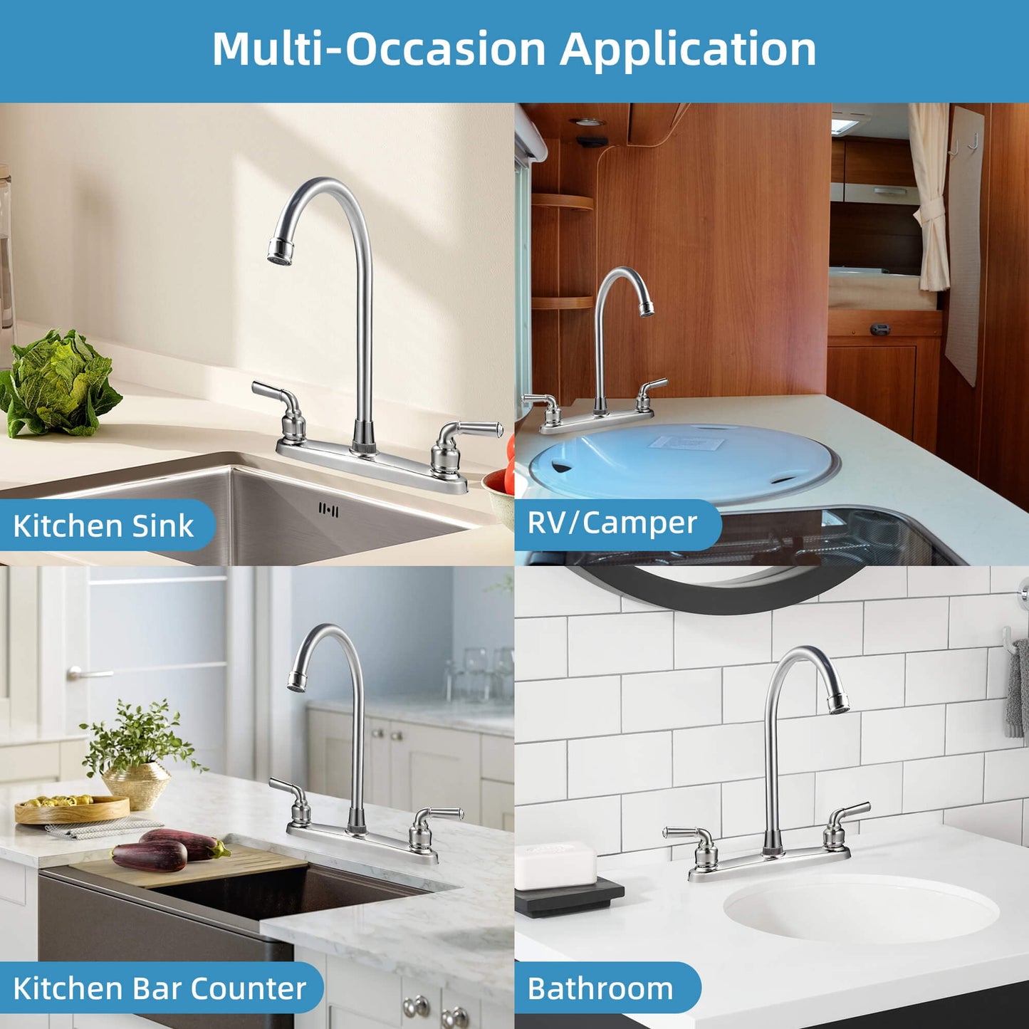 Fixdono 2 Handle Kitchen Sink Faucet, High Arc 360 Swivel Stainless Steel Pipe 3 Hole Kitchen Faucet for RV Laundry Farmhouse Bar Sink, Silver