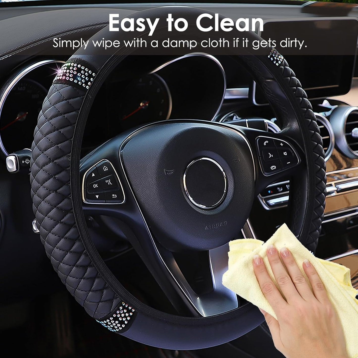 Fixdono Leather Car Steering Wheel Cover with Anti-Slip Lining, Universal 15 inch, Black