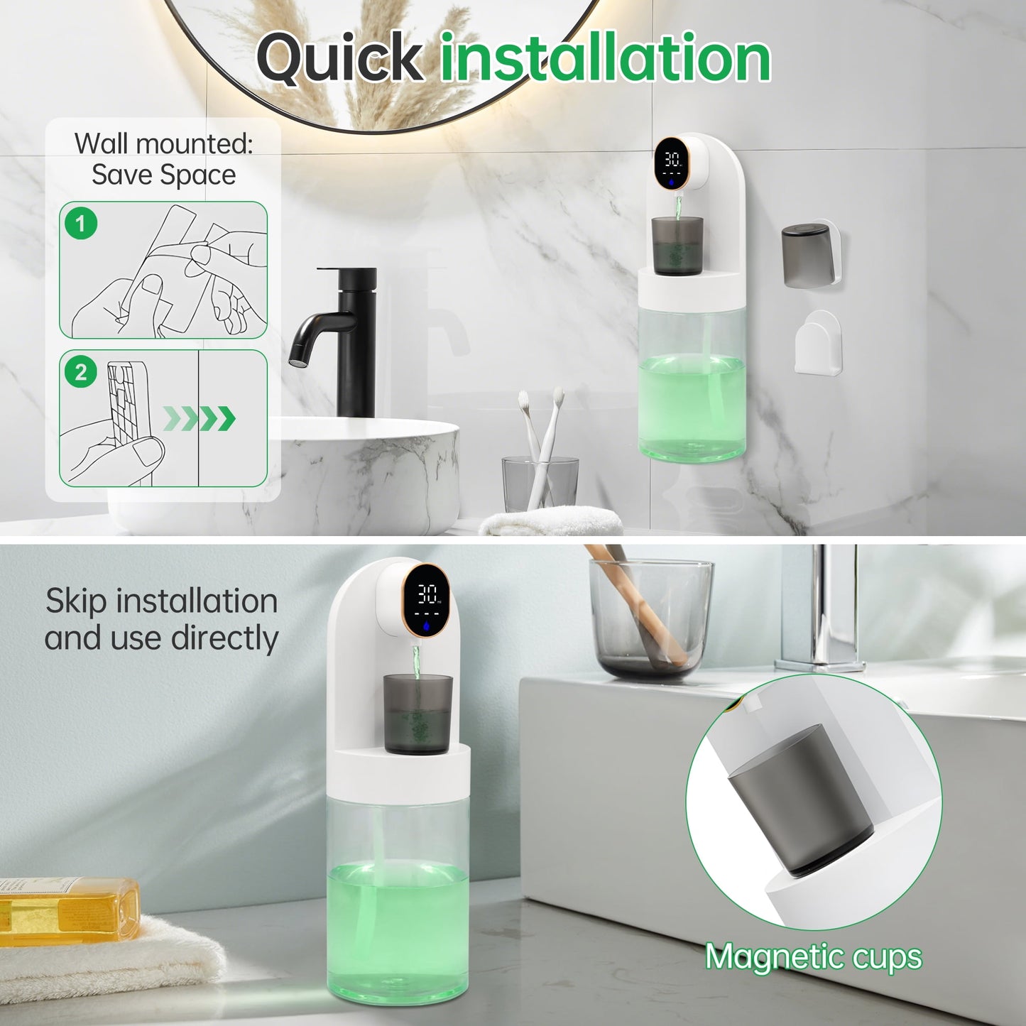 Automatic Mouthwash Dispenser for Bathroom, 20oz /600ml Rechargeable Electric Mouthwash Dispenser with Magnetic Cups, 180-Day Battery life, 4 Dispensing Levels, Wall Mounted & Countertop Use