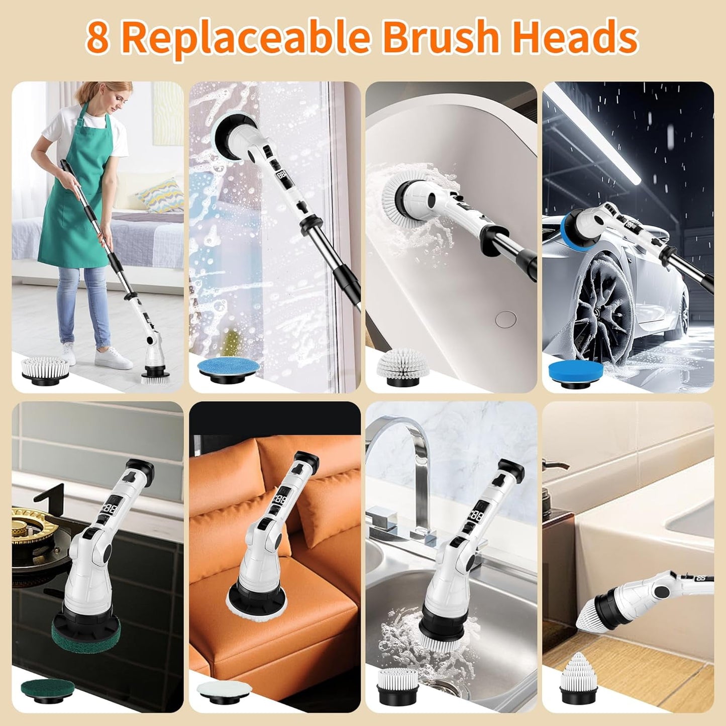Electric Spin Scrubber, Adjustable Angle ＆ Extension Handle, 3 Speed Mode Power Electric Scrubber for Cleaning, Cordless Shower Cleaning Brush with 8 Brush Heads for Bathroom/Tub/Floor/Tile
