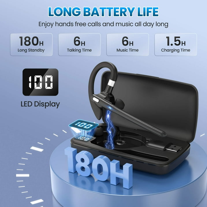 CreWear Bluetooth Headset, Wireless Bluetooth Earpiece with 500mAh Charging Case, Hand-Free Noise Canceling Headphones for Computer Trucker Office