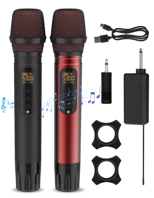 Fixdono Wireless Microphones, Rechargeable Karaoke Microphone Metal Dual Handheld Cordless Dynamic Mic System with Receiver for Singing, Speech, Wedding, Church, PA System, 200ft