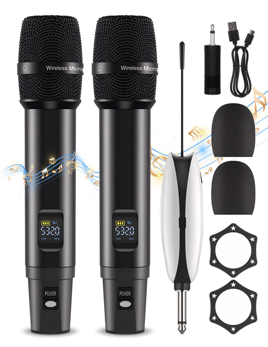 Fixdono Wireless Microphones, Metal Dynamic Microphone System with Rechargeable Receiver for Karaoke Singing, Wedding, DJ, Party, Speech, Church, Class, 240ft