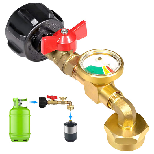 Fixdono Propane Refill Adapter with Valve and Gauge, Fill 1 lb Bottles from 20 lb Tank, Solid Brass