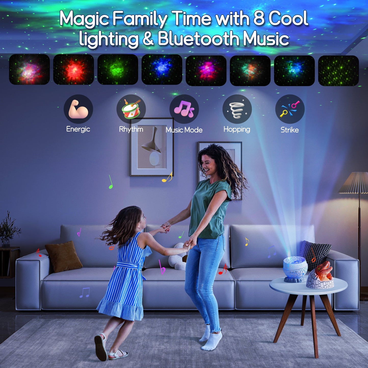 Fixdono Star Projector, LED Galaxy Light with Bt Music, 8 Color Dinosaur Egg Night Light for Kids