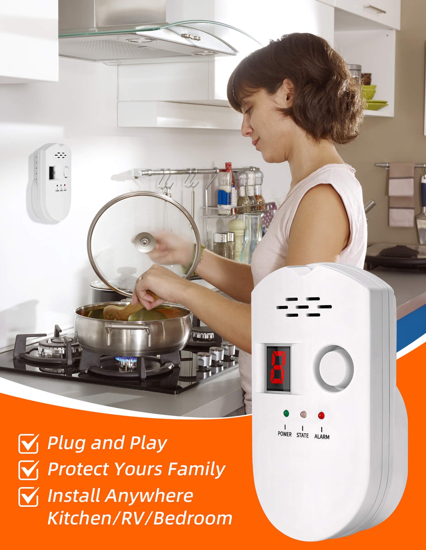 Fixdono Natural Gas Detector, Digital Sound Warning Gas Detector, Natural Gas Leak Security Detection Detector, Alarm Monitor Plug-in Sensor for Home Kitchen Restaurant Hotel School Warehouse