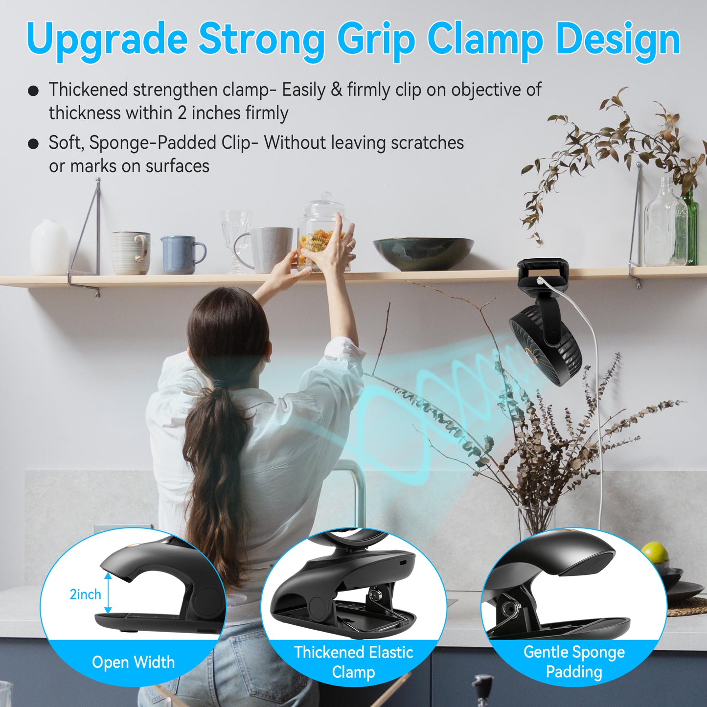 Sentryse Small Clip on Fan, Mini Bedside Desk Fan, USB Plug, with Sturdy Clamp,White