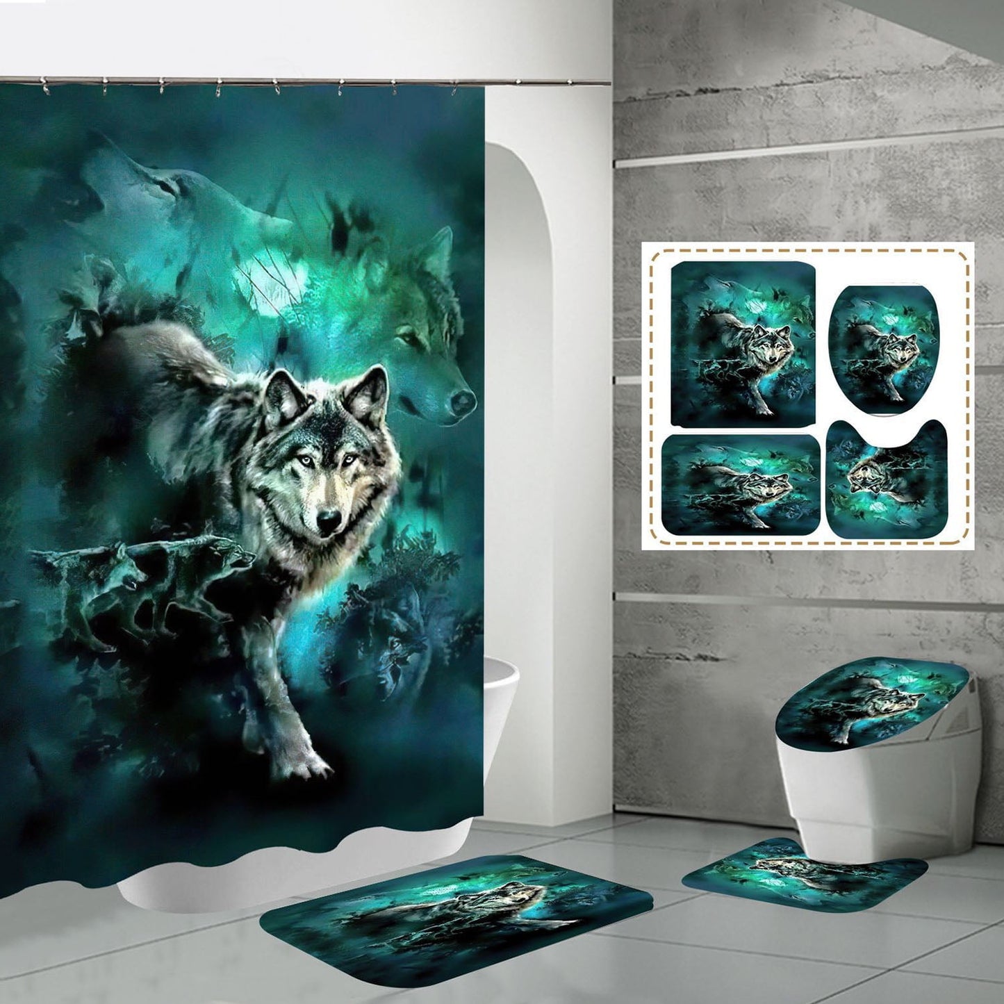 4Pcs Wolf Shower Curtain Set, Waterproof Fabric Shower Curtain with Rugs, Toilet Lid Cover, Bath Mat and 6 Hooks, 70x70 inch