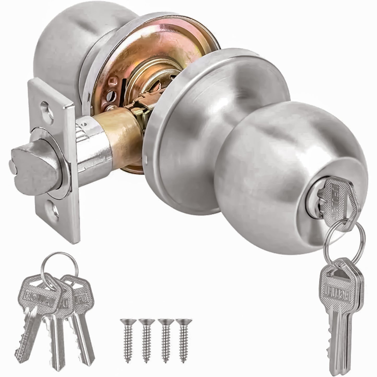 1 Set  Doorknob, Entry Doorknobs Lock with Keys, for Front Door, Exterior and Interior Doors, Satin Nickel Finish
