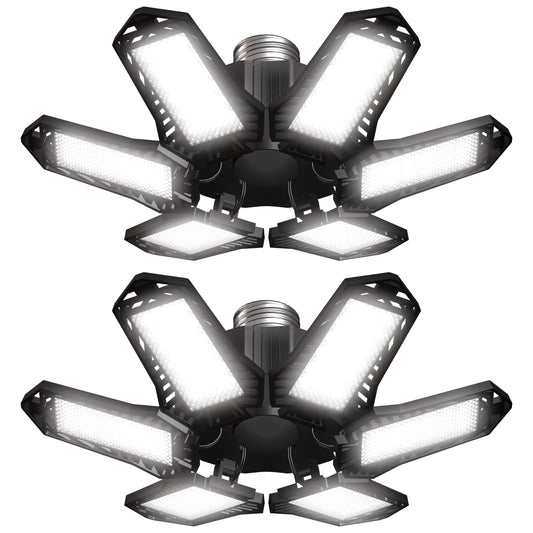 Fixdono LED Garage Lights Bulb 2 Pack, 6500K Led Shop Light with 6 Deformable Panels, Basement Barn Ceiling Lights, E26/E27 for Warehouse