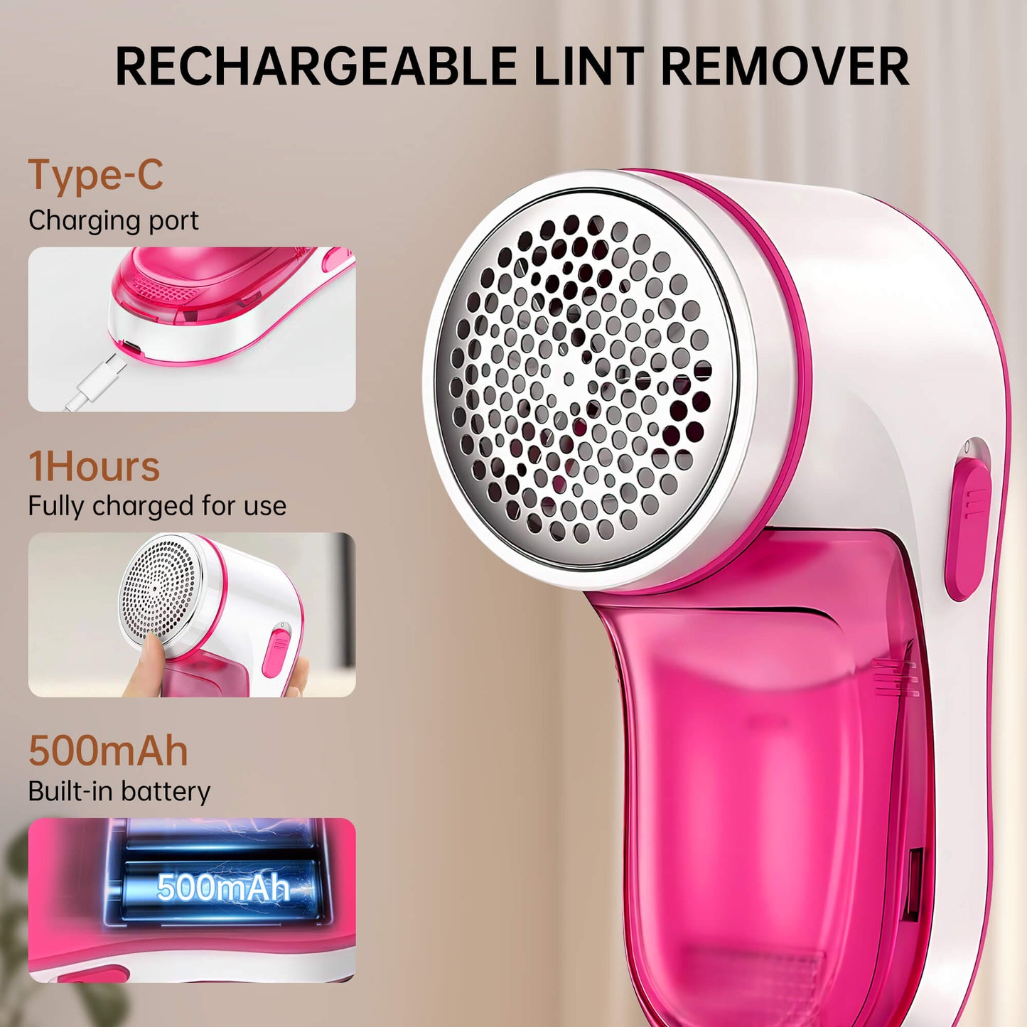 Fixdono Fabric Shaver, Lint Remover Rechargeable, Electric Portable Sweater Defuzzer with 2 Spare Blades, Rose Red