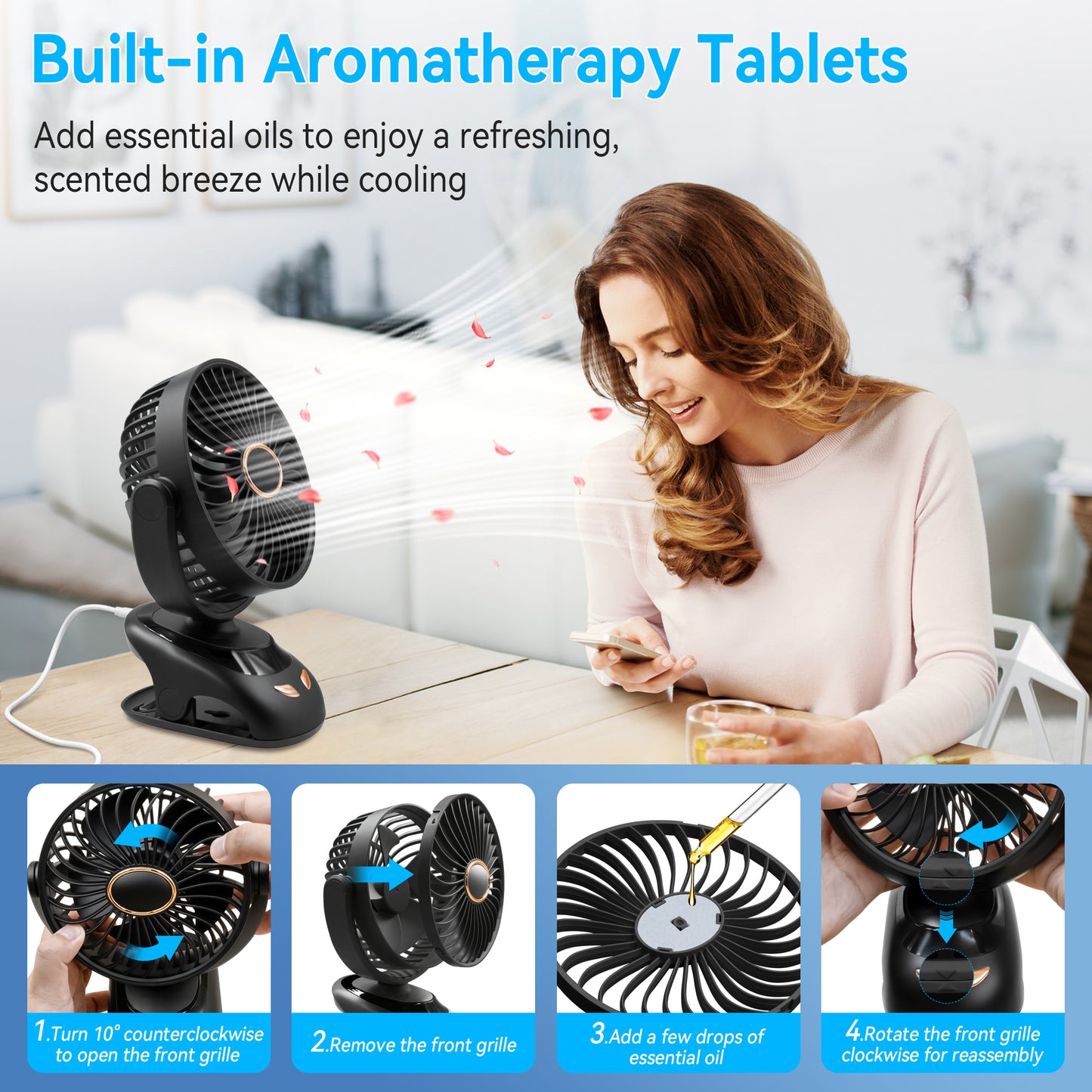 Sentryse Small Clip on Fan, Mini Bedside Desk Fan, USB Plug, with Sturdy Clamp,White