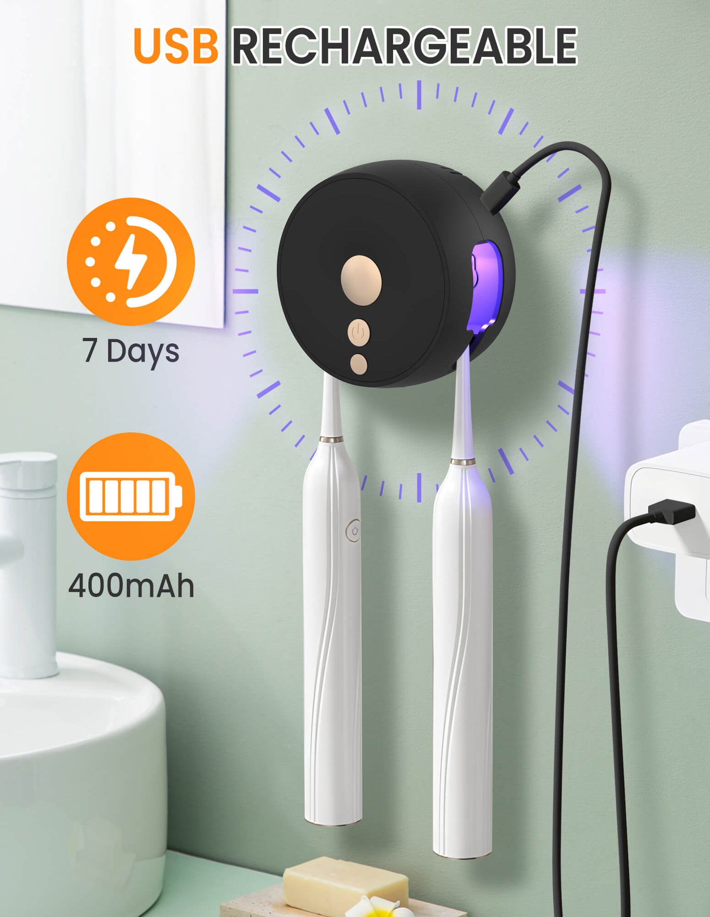 Sentryse Toothbrush Holder, Electric UV Toothbrush Cleaner, 2 Cups Tooth Brush Holder Wall Mounted Bathroom Decor, Black