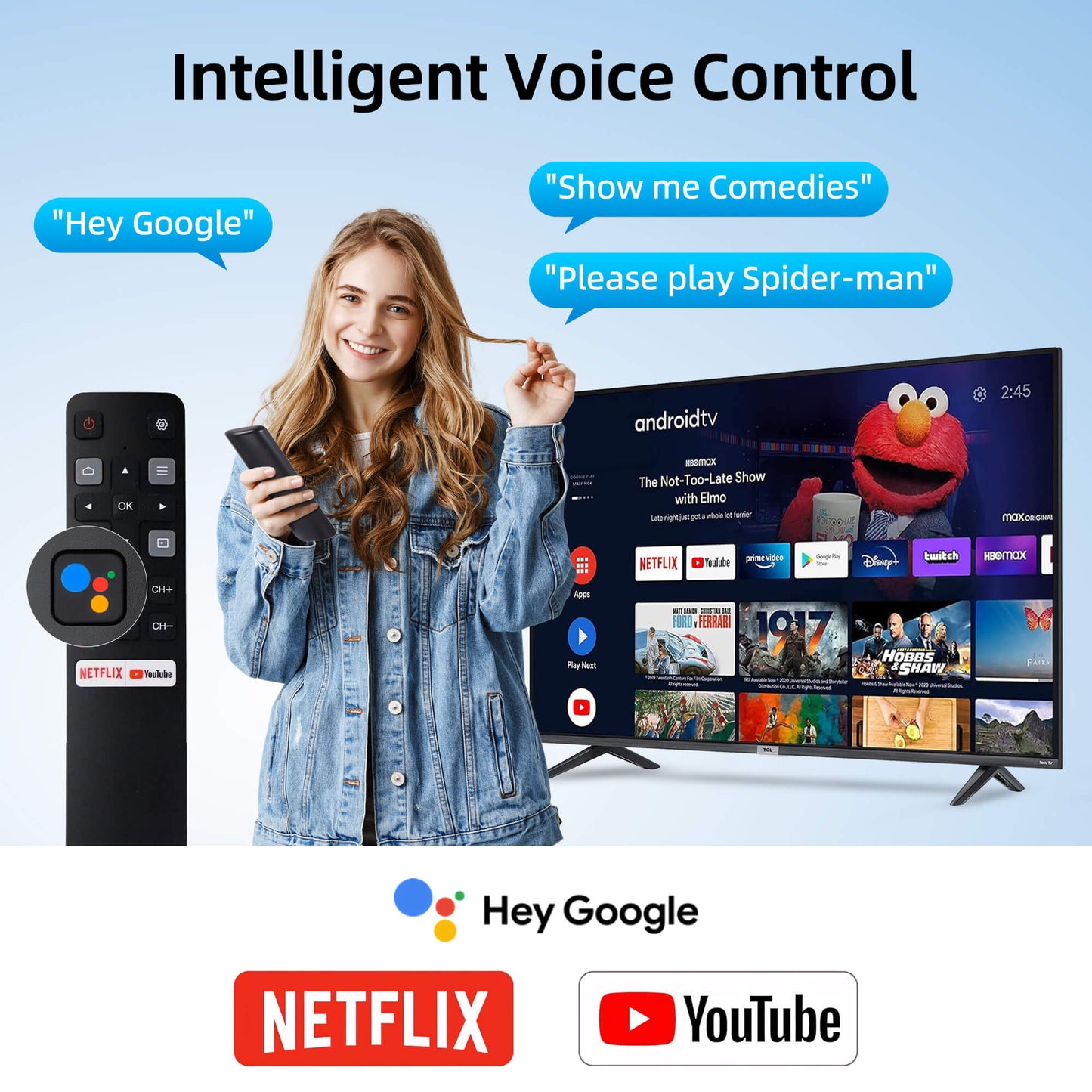 Voice Remote Control for TCL Android TV, Replacement Remote RC802V for TCL TVs with Google Voice Function, Netflix, YouTube Buttons