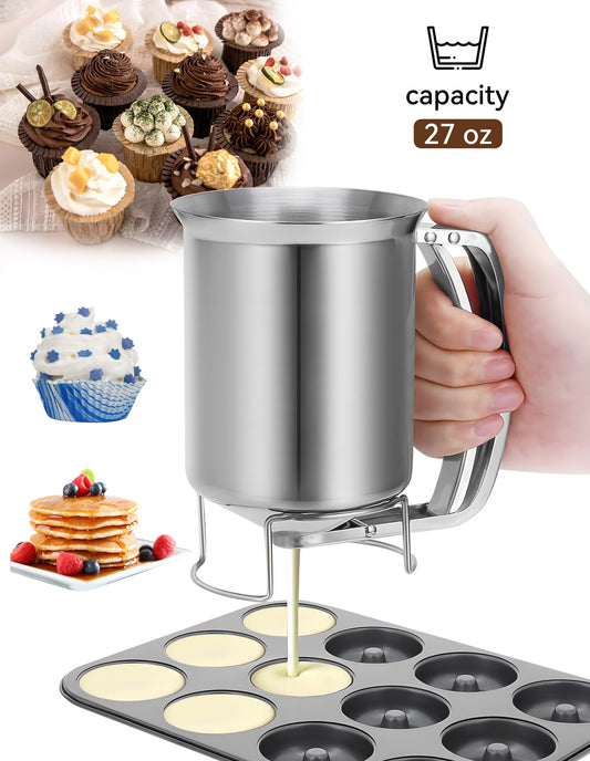 Fixdono Pancake Batter Dispenser, Stainless Steel Handheld Batter Dispenser for Baking, Cupcakes, Muffins, Crepes, Waffles, 800ML/27oz