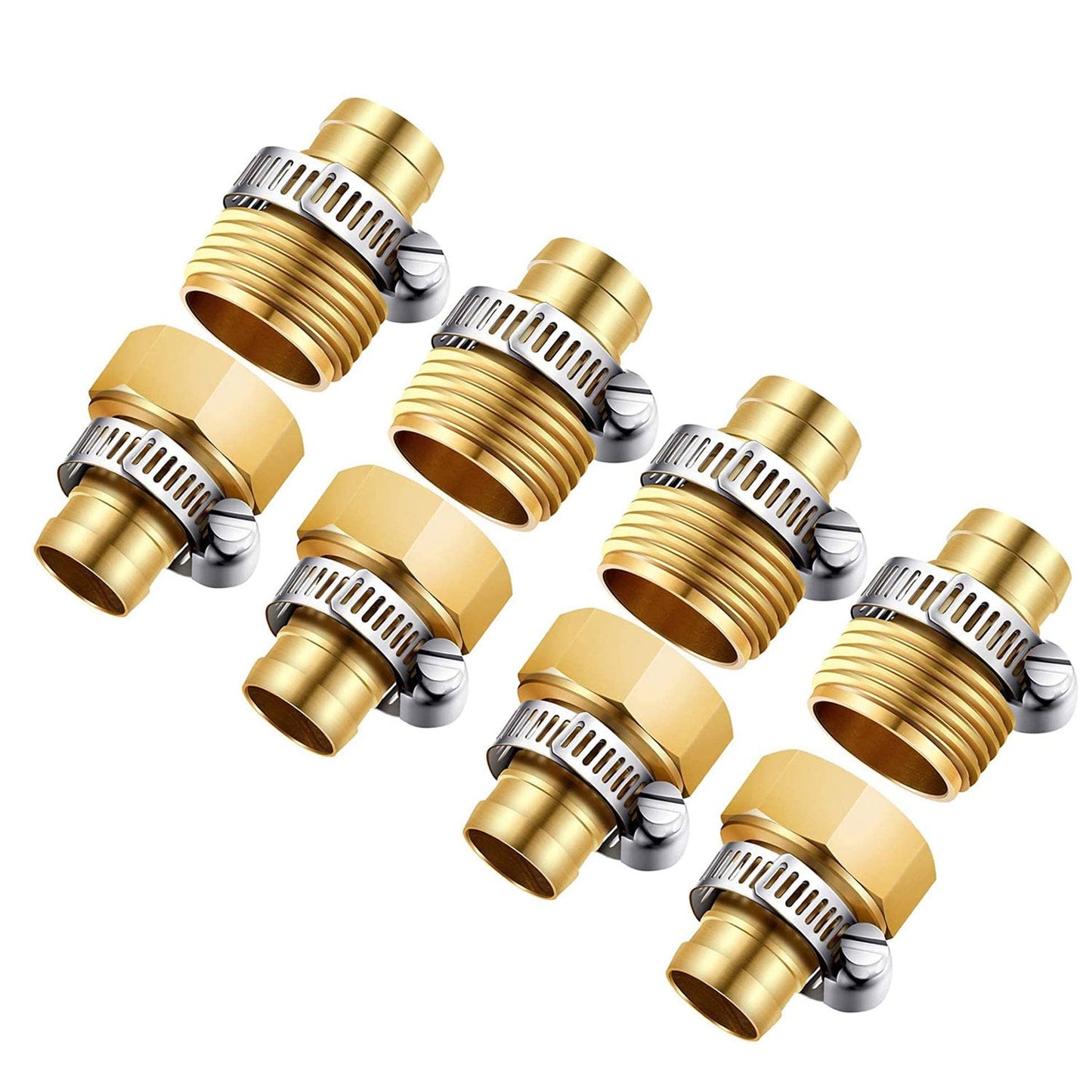 4 Pack 5/8 Inch Brass Garden Hose Repair Kit, Male and Female Hose Fittings, Garden Hose Fitting with 8 Pieces Stainless Steel Clamps