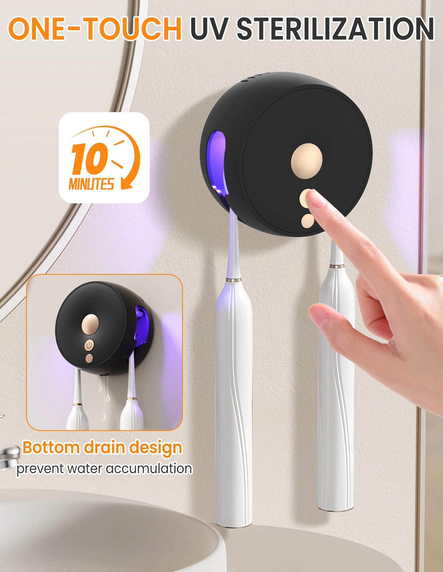 Sentryse Toothbrush Holder, Electric UV Toothbrush Cleaner, 2 Cups Tooth Brush Holder Wall Mounted Bathroom Decor, Black