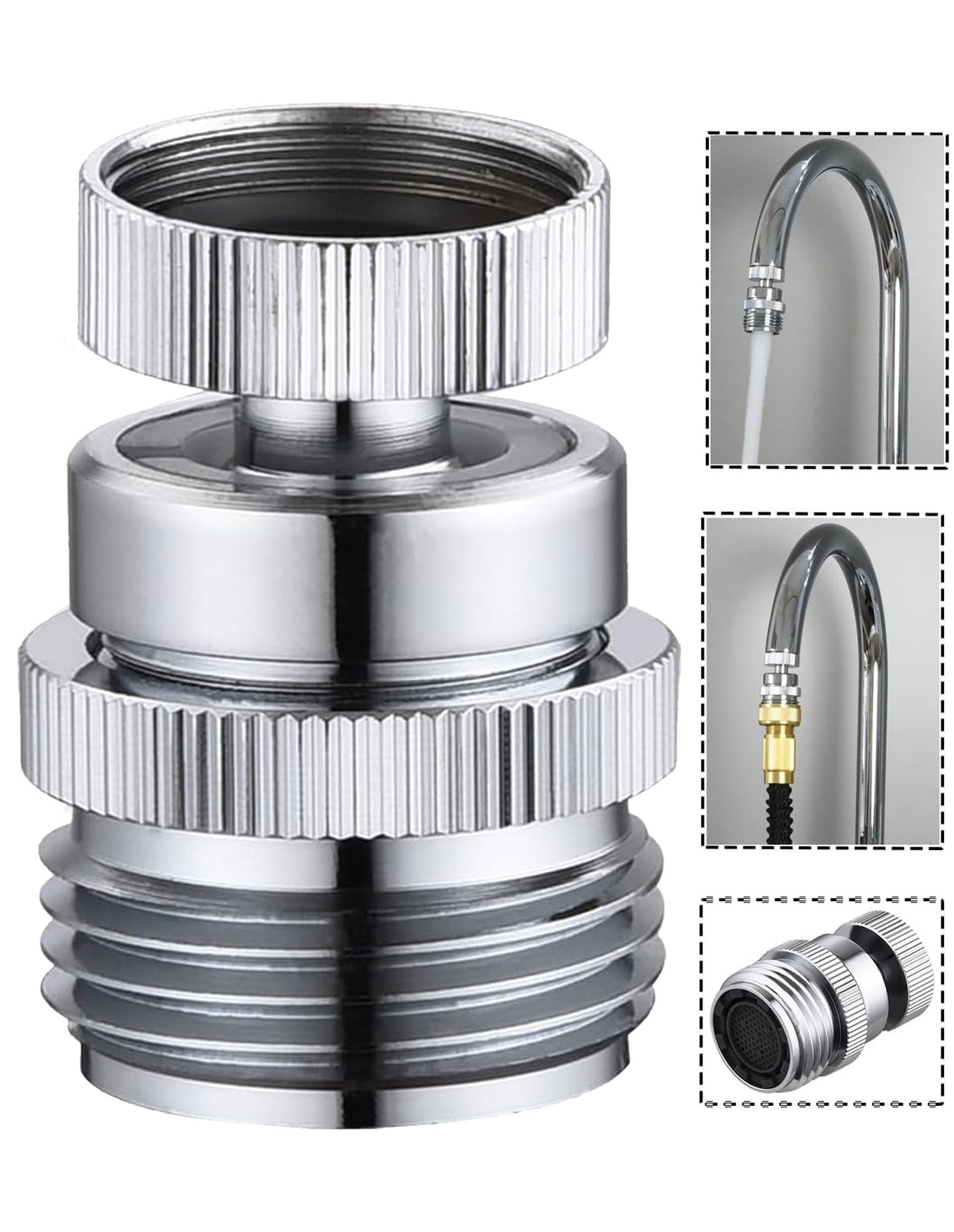 Fixdono Swivel Faucet Adapter Kit, Brass 3/4" Faucet to Garden Hose Adapter, Chrome Silver