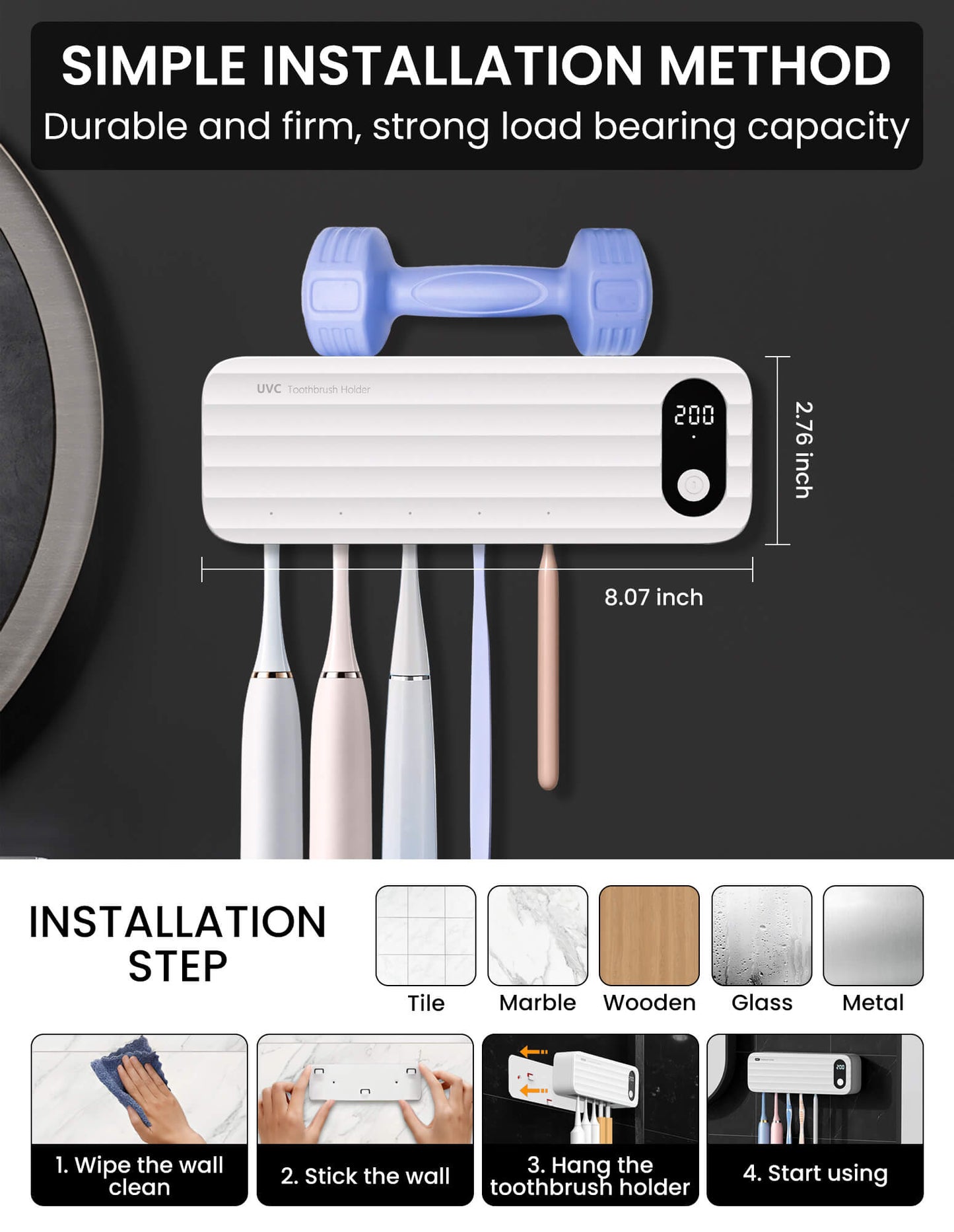 Sentryse Toothbrush Holders for Bathrooms, Electric Toothbrush Holder Wall Mounted with 5 Brush Slots Bathroom Accessories