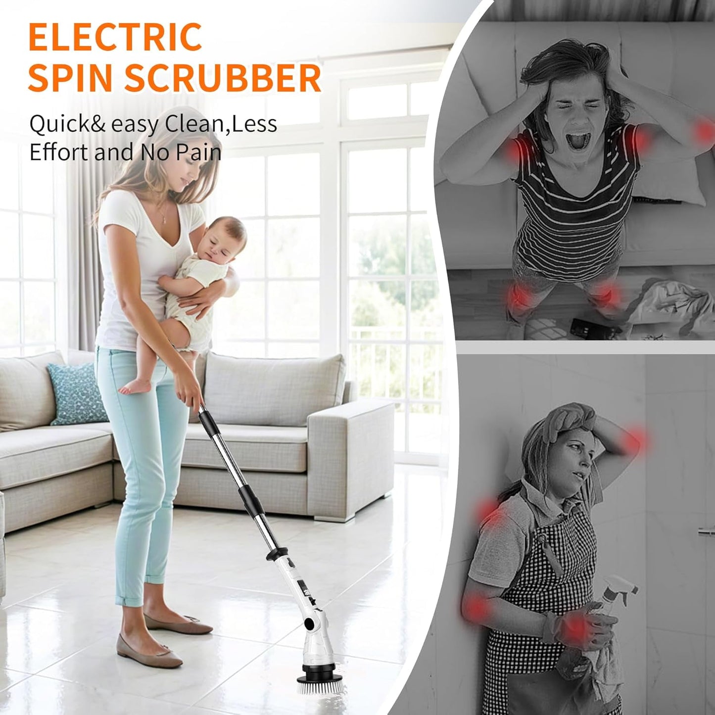 Electric Spin Scrubber, Adjustable Angle ＆ Extension Handle, 3 Speed Mode Power Electric Scrubber for Cleaning, Cordless Shower Cleaning Brush with 8 Brush Heads for Bathroom/Tub/Floor/Tile