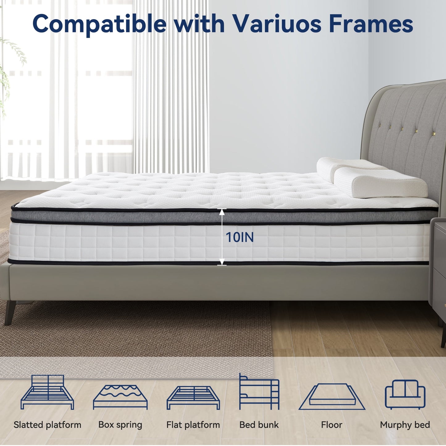 Hillnova 10" Queen Mattress, Euro Top Foam & Pocket Spring Hybrid Mattress in a Box, Plush Comfort, Pressure Relief and Motion Isolation
